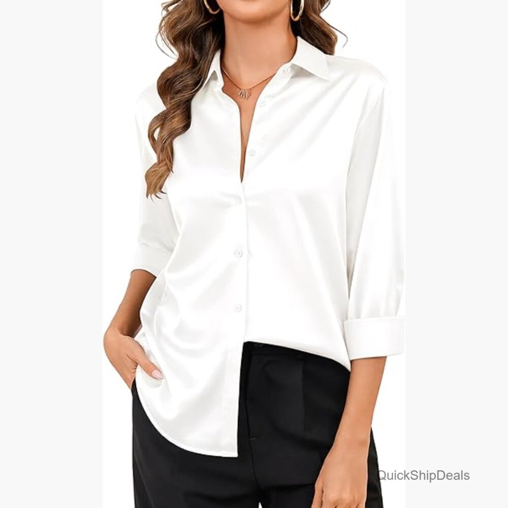 Satin Silk Button Down Blouse Long Sleeve Dressy Casual Top